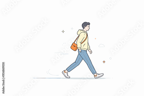 People using negative space. Person walking across an almost empty frame, subtle motion lines. Movement highlighted by simplicity and open space. Minimalist