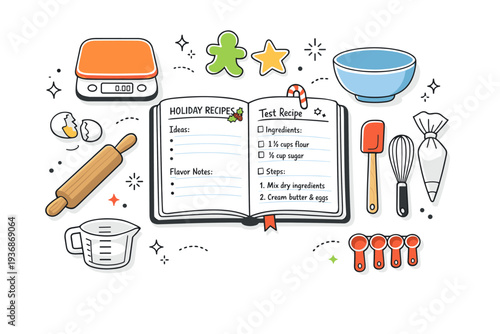 Holiday baking recipe development. Notebook with notes, scale, and baking tools combined in a clean flat lay. Organized creative process emphasizing precision