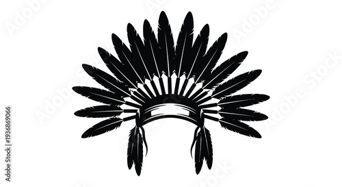 A striking black and white illustration of a traditional native american feathered warbonnet high quality professional detailed modern