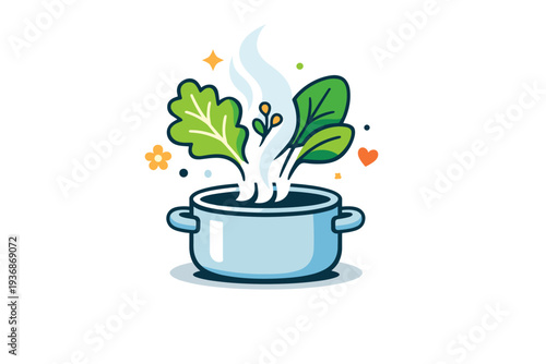 Spring cooking with a simple pot and rising steam combined with leafy greens as a visual metaphor for fresh homemade food. The illustration communicates