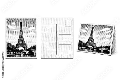 City landmark postcard. A realistic city landmark postcard shown as a single object from three different angles: front view, back view, and three-quarter view.