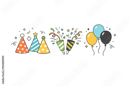 Holiday party elements. Party hats, confetti poppers, and balloons displayed as a cohesive decorative set. Warm, friendly celebration vibe with editorial