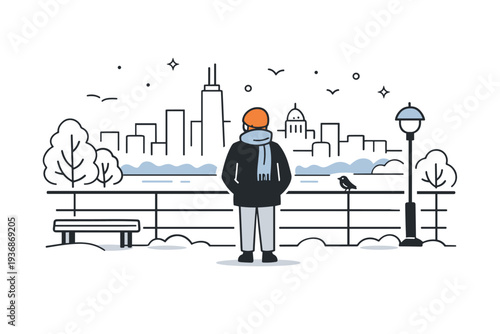 Winter city sightseeing for locals ? quiet city viewpoints. A calm scene with a person standing at a familiar lookout or square, city skyline simplified,
