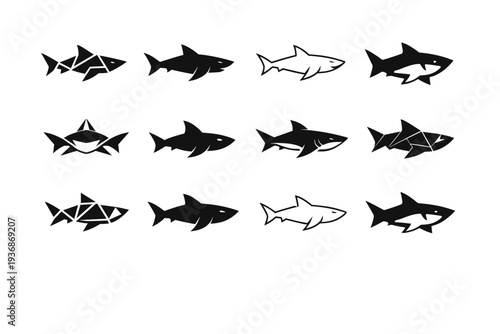 Sharks. Icon set. Set Logo of Sharks: geometric shark body. harmonious logo variations of the same emblematic concept, each with different artistic