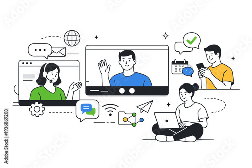 Remote communication editorial background. A refined abstract composition combining screens, symbols, and people into a cohesive modern layout. The
