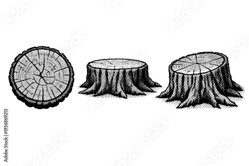 Woodcut style tree stump shown as a single object presented in three views: top view, side view, and three-quarter view. Black and white dot style with