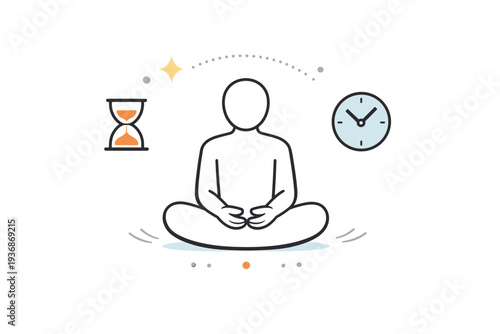 Waiting without phones. Abstract composition of a calm figure with empty hands, soft lines and dots suggesting time passing slowly. Visual metaphor for