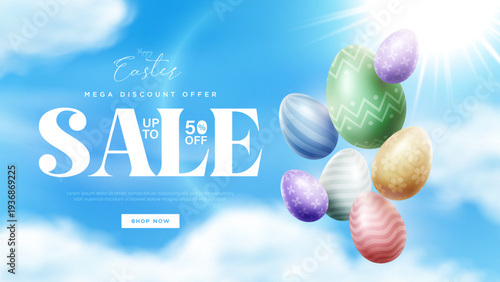 Easter sale clipart poster design. Happy easter sale text with egg, colorful eggs for holiday shopping discount. Happy Easter Day Sale banner design.