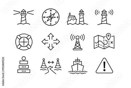 Lighthouse Navigation Role. Line icon set of Lighthouse Navigation Role: night light beam, nautical compass, ship and lighthouse, lighthouse radar, marine