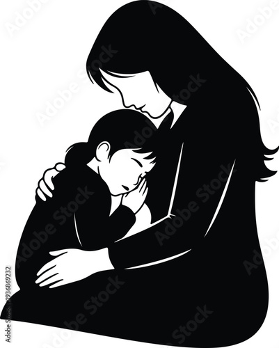 Vector mother hugging her young child with love and care silhouette design