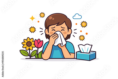 Spring allergy concept person reacting to floating pollen particles with tissues and blooming plants nearby, expressing sensitivity, awareness and seasonal