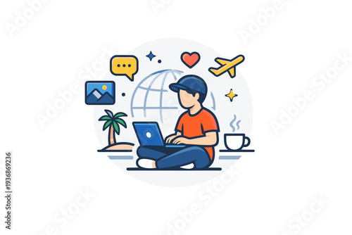 Freelancer lifestyle a minimal badge showing a person working remotely with digital icons floating nearby, symbolizing global connection and creative freedom.