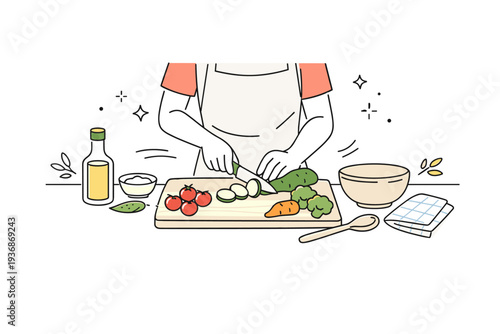 Fresh ingredients cooking. A person gently prepares vegetables on a cutting board with simple kitchen tools nearby. The scene reflects care, routine, and