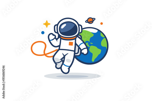 Space exploration representing astronaut missions and human presence in space. A compact scene with an astronaut figure, tether line and Earth silhouette