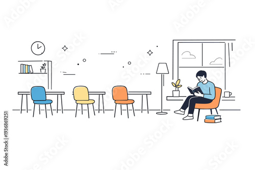 Reading rooms stillness. Wide room with several empty chairs and one person absorbed in reading near a window. Spaciousness and unspoken comfort. Minimalist