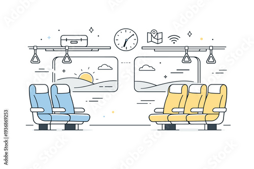 Public transport quiet scenes. Editorial interior of a train car with empty seats and gentle motion lines. Early hour travel and peaceful atmosphere.