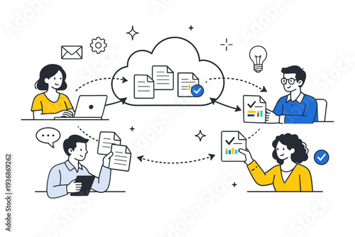 Cloud collaboration. People exchanging documents that gently move into a central cloud, then flow back updated to everyone. Smooth cooperation and clarity.