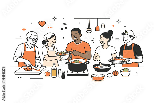 Urban community kitchen teamwork. A small group of people cooking and prepping meals in harmony, passing ingredients and communicating with ease. The scene