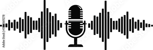 Professional condenser microphone with digital sound wave frequency for podcasting radio broadcasting recording studio equipment music production and voiceover narration audio vector.