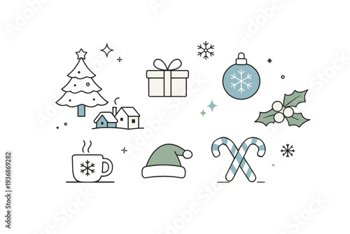 Minimal winter holiday graphics. A small curated set of festive symbols placed with generous white space, focusing on clarity and elegance. The illustration