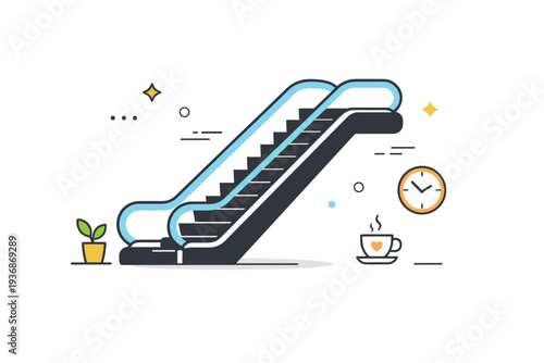 Escalators empty. Lone escalator moving without passengers, gentle motion in a quiet station or mall. Visual rhythm of steps and railings, calm urban solitude