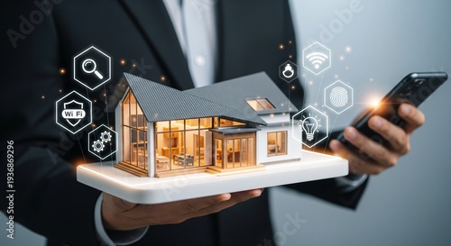 Smart Home Technology Concept: Architect Holding Modern House Model with Digital Interface Icons for IoT Integration and Real Estate.