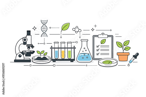 Biotech innovation. Lab tools and plant samples arranged in a clean, balanced composition, connected by thin data lines. Calm harmony between nature and