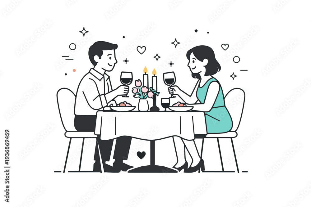 Fototapeta premium Spring anniversary dinner. A small table with candles, flowers, and two people enjoying a quiet meal together. Intimate celebration, soft emotions, seasonal