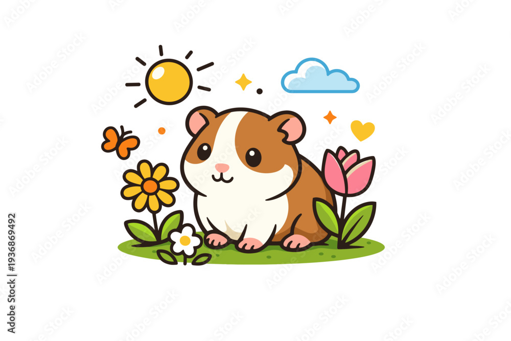 Fototapeta premium Spring pets outdoors small pet enjoying sunshine with flowers and gentle decorative elements, conveying warmth, care and seasonal happiness. Minimalist flat