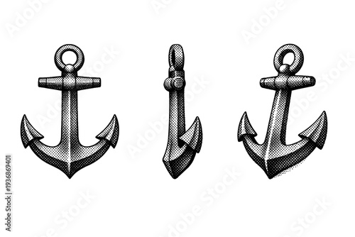 Tattoo flash anchor symbol A single anchor tattoo flash symbol shown in three views including front view, side view, and three-quarter depth view. Black and