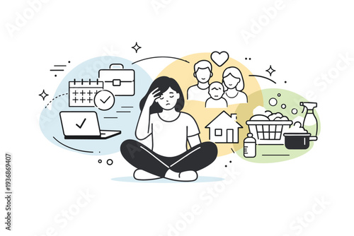 Mental load in daily life. A person at home surrounded by simplified symbols of work, family, and chores, all gently overlapping. Soft tension balanced with