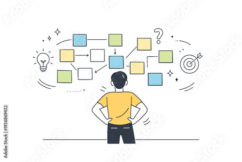 Brainstorming with sticky notes. Person arranging sticky notes on a wall, stepping back to review ideas and connections. Focused yet relaxed problem-solving