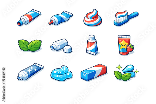 Toothpaste Tube. Colorful isometric vector icons set of Toothpaste Tube: open toothpaste tube, squeezed tube, toothpaste swirl, toothbrush with paste, mint