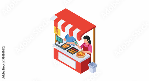 Isometric illustration of a bustling street food stall with vendors preparing and serving delicious meals, perfect for small business, food service, and market concepts.