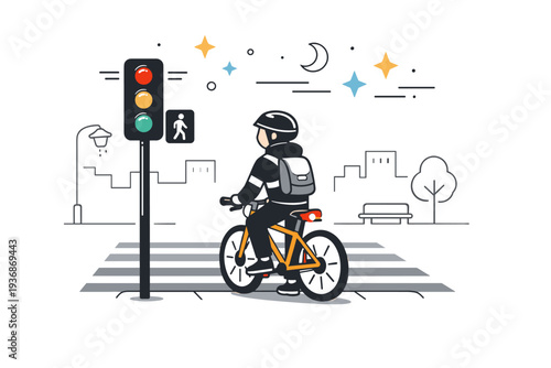 urban night cycling crosswalk. A cyclist stopping at a traffic light with reflective gear, abstract floating stars and motion lines emphasizing calm,