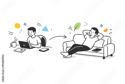 Work-life boundary transitions at home. Remote worker changing posture from desk work to relaxing on a sofa, tablet placed aside, conveying a gentle mental