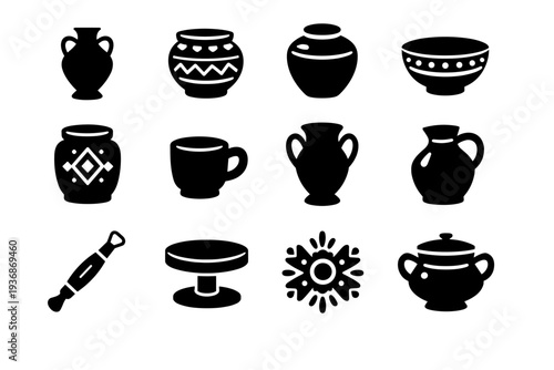 Traditional Pottery. Solid icon set of Traditional Pottery: heritage vase, tribal pattern, earthen pot, hand-painted bowl, cultural symbol jar, rustic clay
