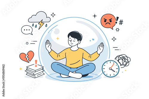 Protecting emotional space. A person calmly shielding themselves from overwhelming symbols, using a soft transparent barrier. The mood feels supportive and