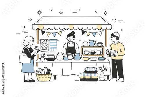 Craft markets and handmade products. A cozy market stall with handmade ceramics and textiles neatly displayed, inviting and calm atmosphere. The scene shows