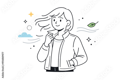 Light jackets season transition. A person lightly holding the collar of a thin jacket as a breeze passes. The mood feels fresh, airy, and gently transitional.