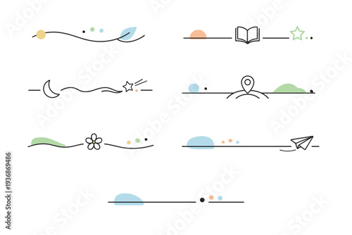 Abstract editorial separators. Minimal lines paired with organic accents gently guiding the reading flow. Modern creative feel without visual noise. Minimalist