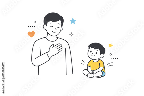 Self-compassion practice. An adult character placing a hand over their heart while a small inner child smiles nearby. Quiet acceptance and kindness expressed