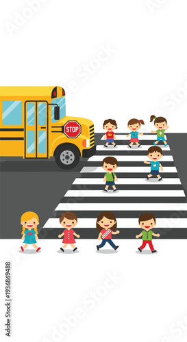 A group of diverse elementary school children are safely walking across a pedestrian zebra crossing in front of a yellow school bus.