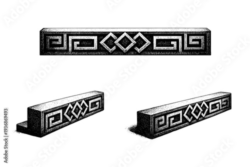 Decorative geometric border object shown in three views including front view, side view, and angled view focusing on clean structure and proportional depth.