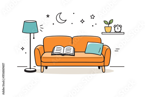 Evening interior stillness. A sofa, a floor lamp, and a book left open, suggesting quiet personal time before sleep. The illustration emphasizes warmth,