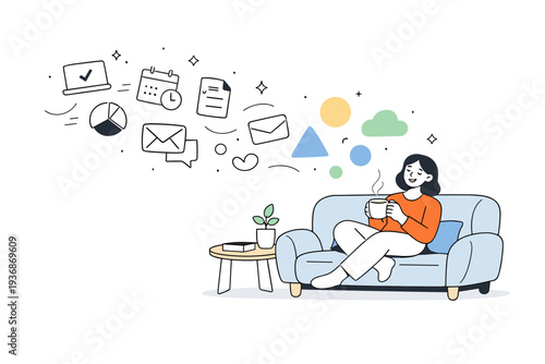 Workday ending scene. Person sitting comfortably on a sofa with a cup of tea, work symbols drifting away into abstract shapes. Peaceful rest, balance, and