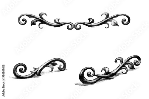 Halftone dotted vine swirl divider A vine-like swirl divider with organic curves depicted in front view, side view, and three-quarter view as a single object