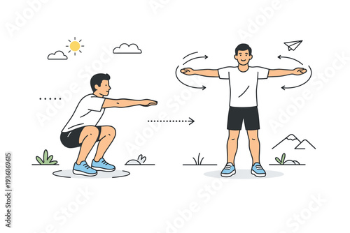 Pre-training mobility outdoors. Athlete performing controlled squats and arm circles in an open space. Grounding, alignment, and movement quality. Minimalist
