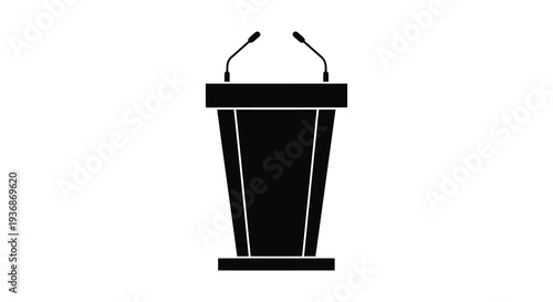 A black silhouette of a podium with two microphones suggesting a presentation or public speaking event