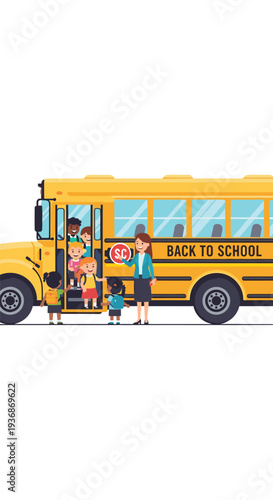 A female teacher is helping a group of diverse elementary school children board a yellow school bus with an open door.